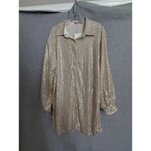 SkyLar Rose Blouse Womens L Gold Sequin Button Up Tunic Top Balloon Sleeve